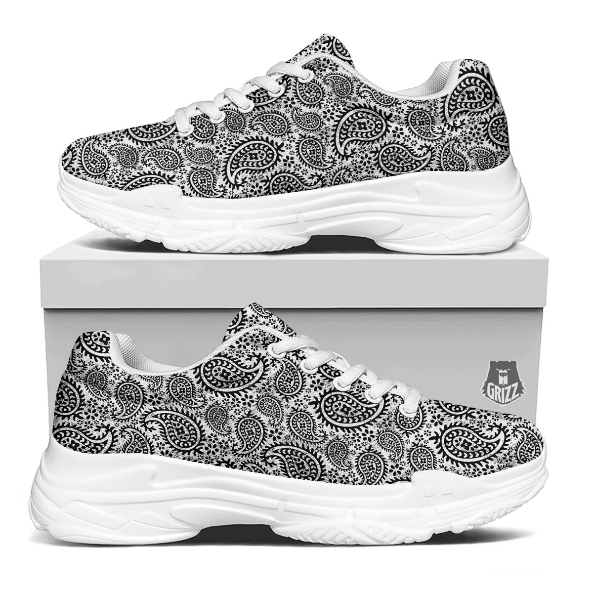 White And Black Paisley Print Pattern White Chunky Shoes-grizzshop