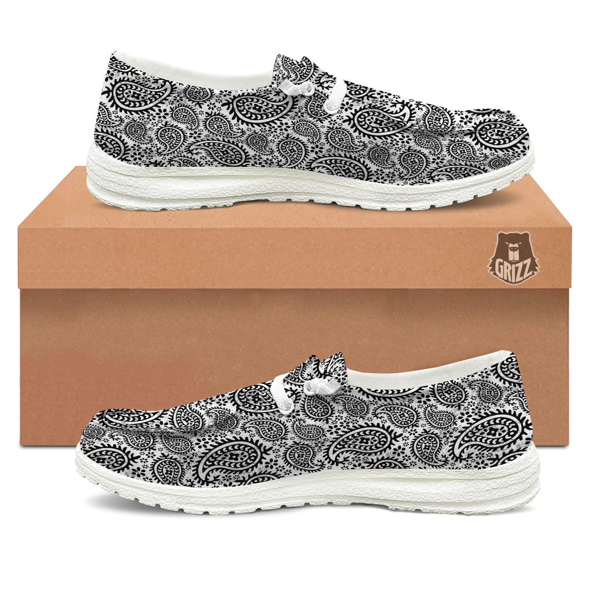 White And Black Paisley Print Pattern White Loafers-grizzshop