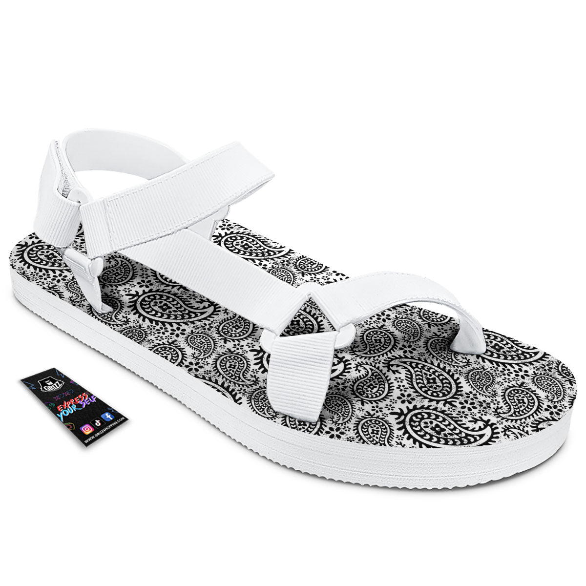 White And Black Paisley Print Pattern White Open Toe Sandals-grizzshop