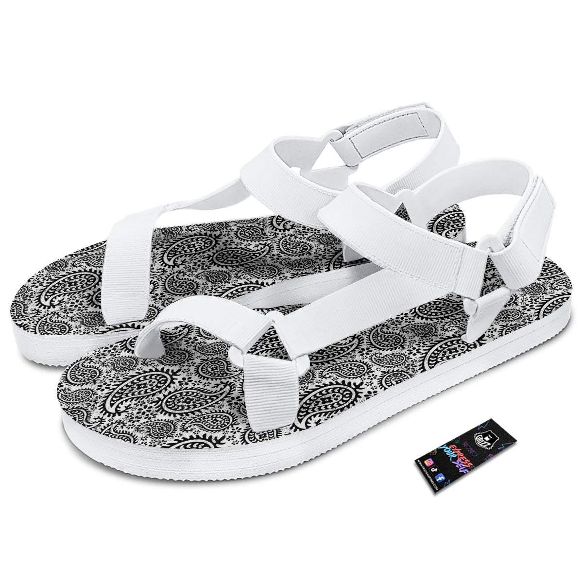 White And Black Paisley Print Pattern White Open Toe Sandals-grizzshop