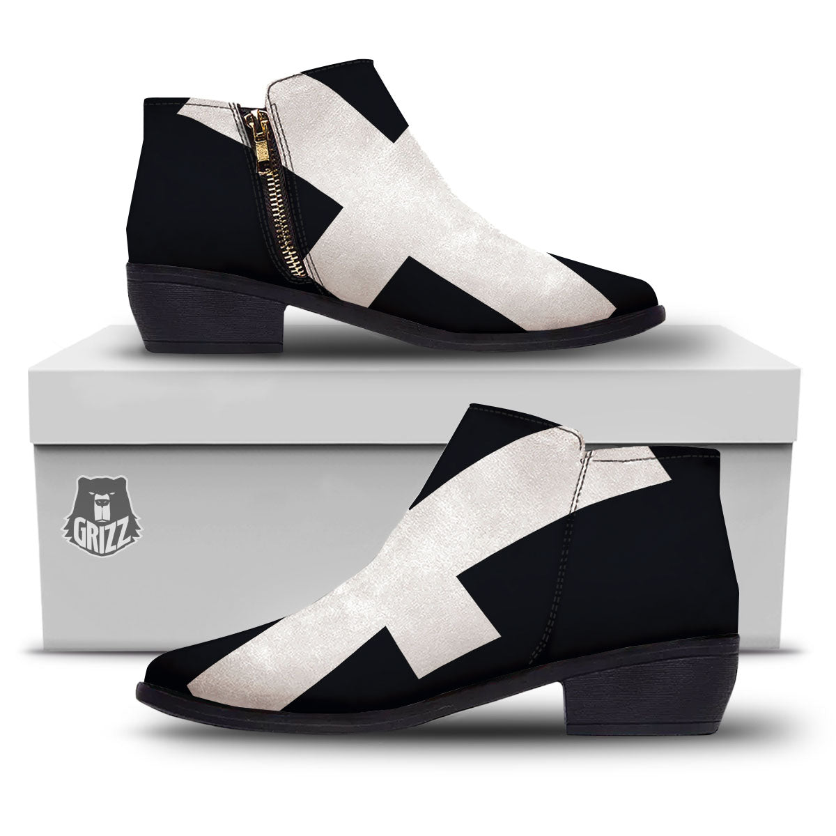 White And Black Pisces Sign Print Ankle Boots-grizzshop