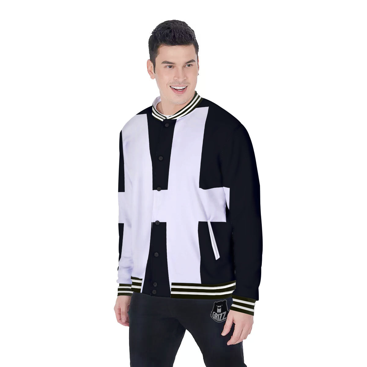 White And Black Pisces Sign Print Baseball Jacket-grizzshop