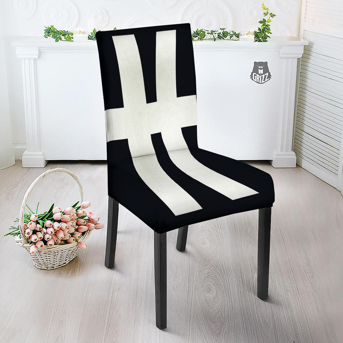 White And Black Pisces Sign Print Dining Chair Slipcover-grizzshop