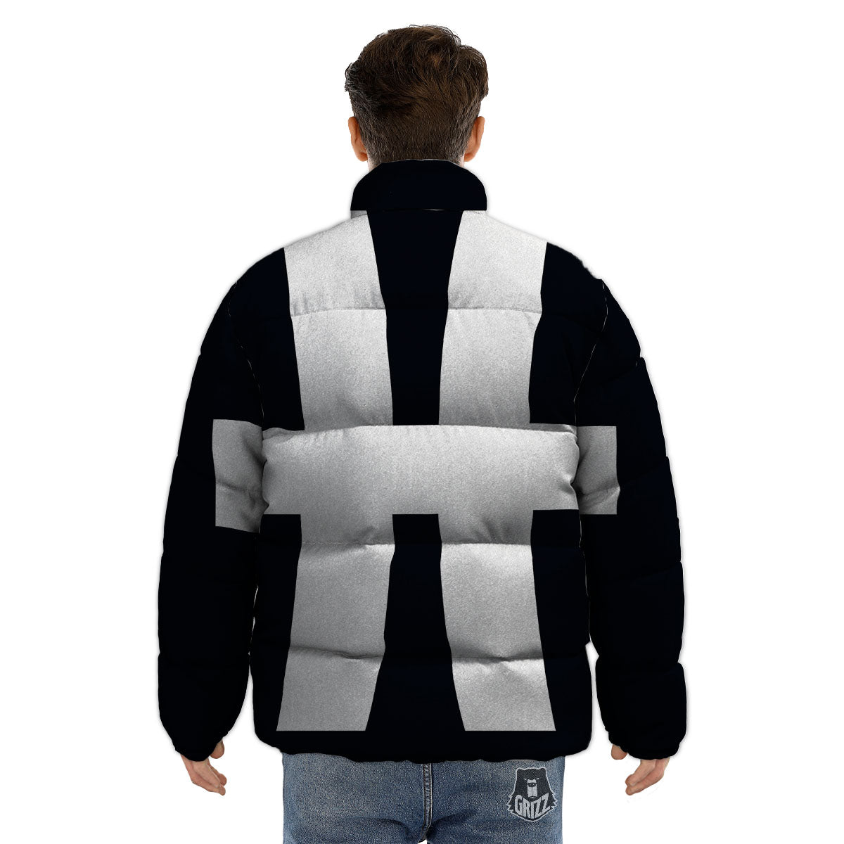 White And Black Pisces Sign Print Puffer Jacket-grizzshop
