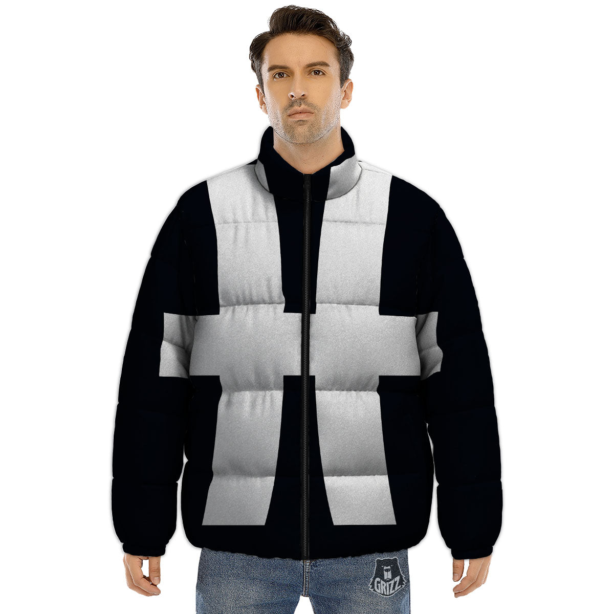White And Black Pisces Sign Print Puffer Jacket-grizzshop