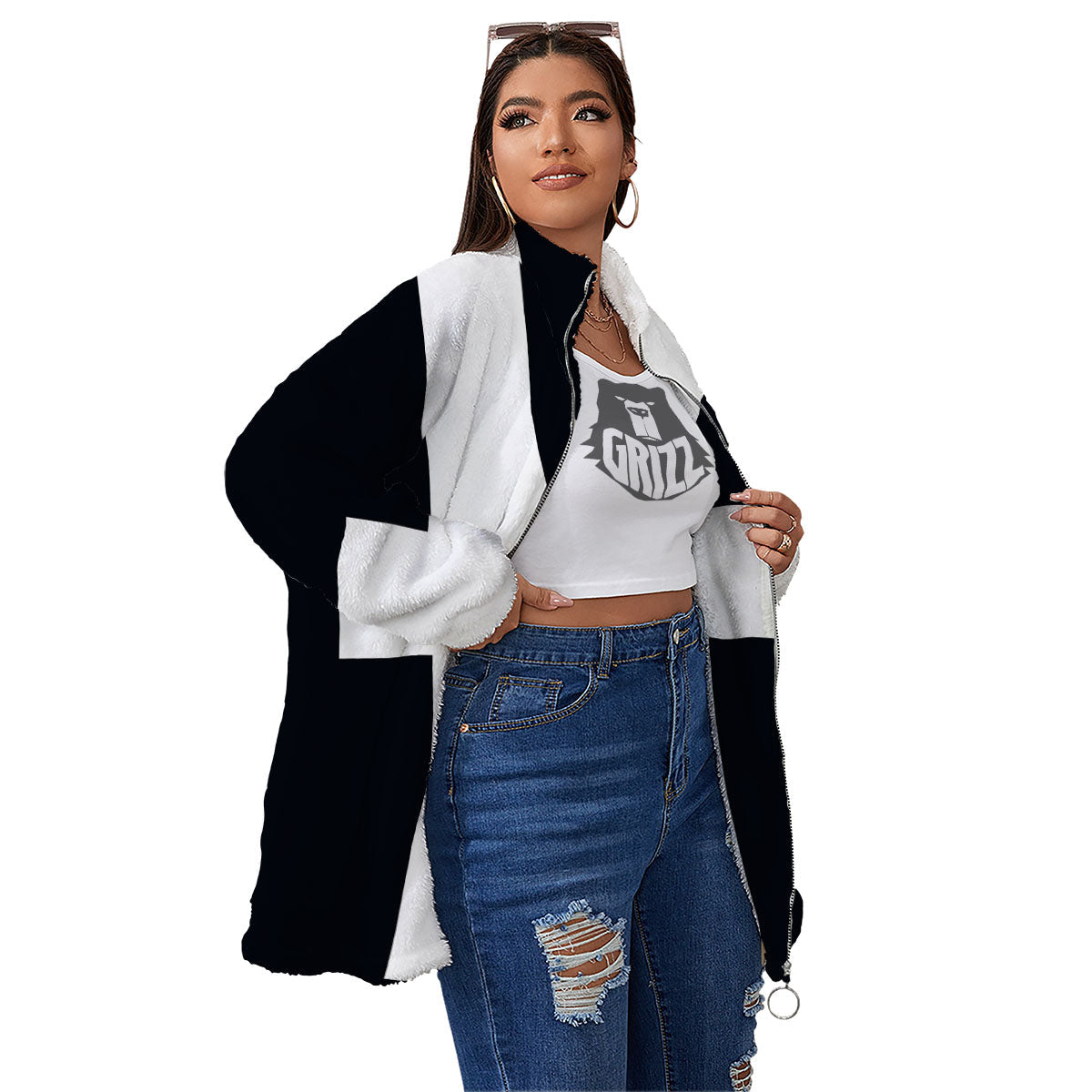 White And Black Pisces Sign Print Women's Sherpa Jacket-grizzshop