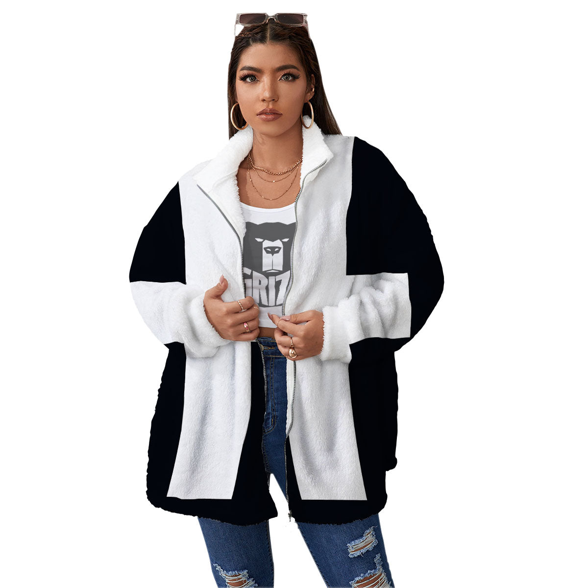 White And Black Pisces Sign Print Women's Sherpa Jacket-grizzshop