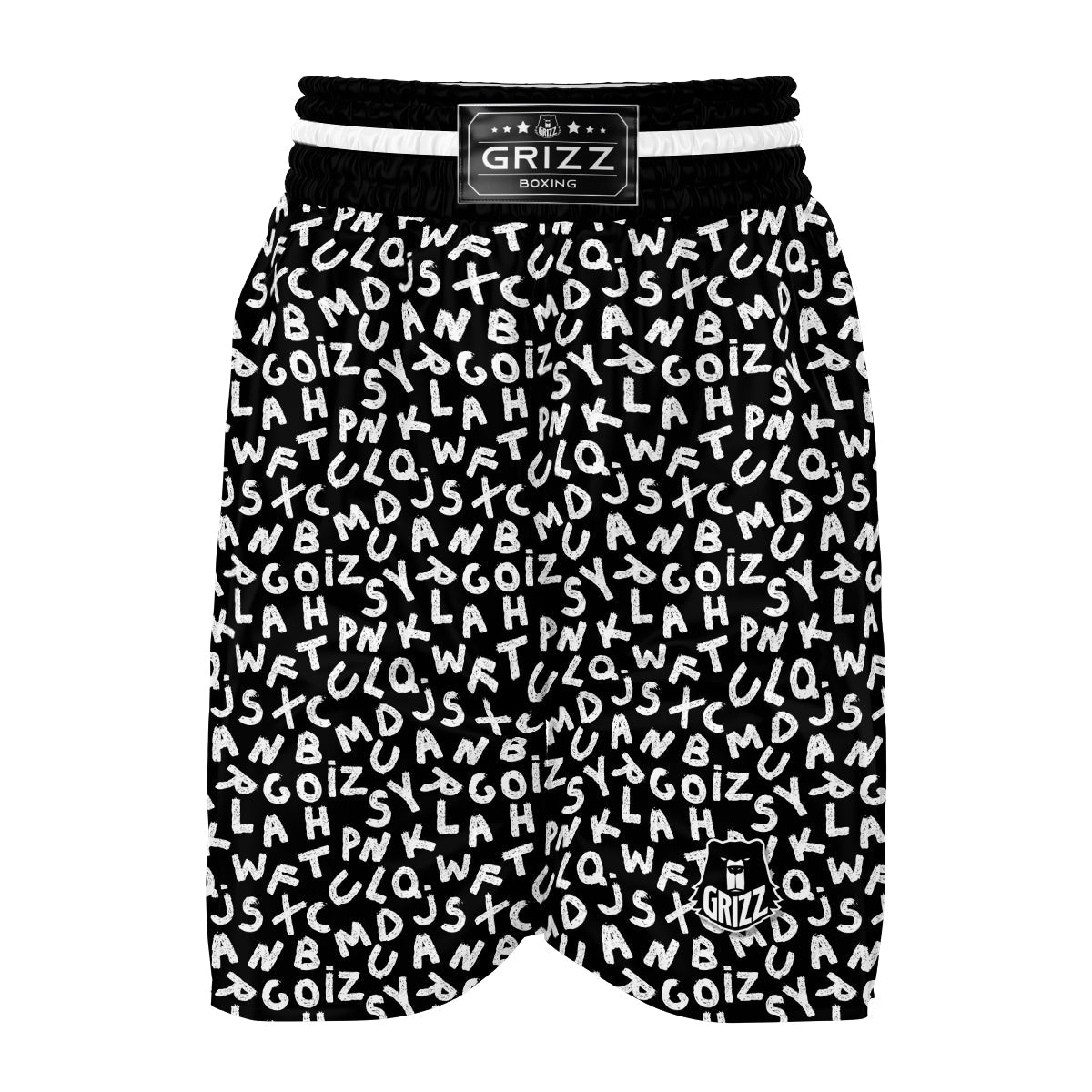 White And Black Text Alphabet Print Pattern Boxing Shorts-grizzshop