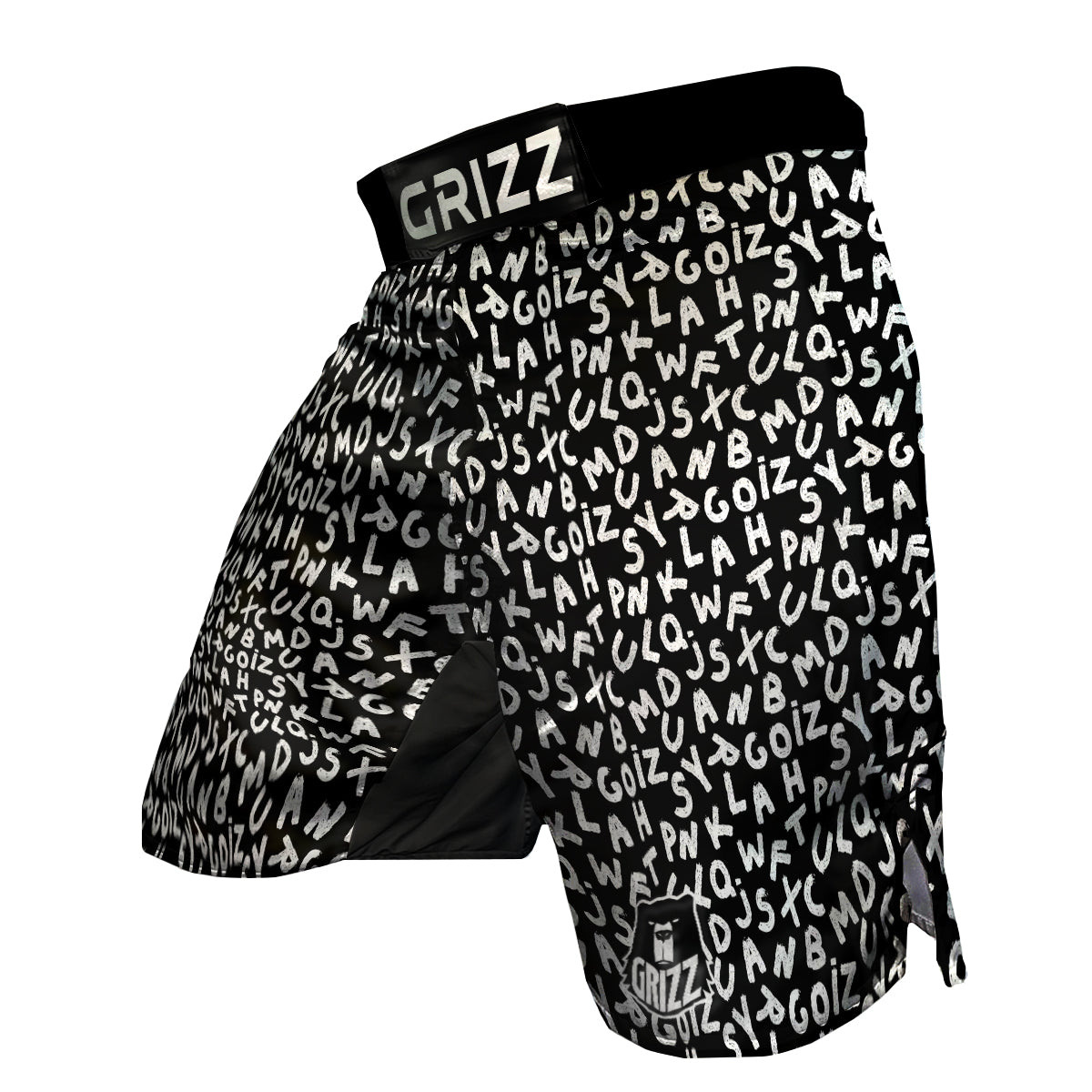 White And Black Text Alphabet Print Pattern MMA Shorts-grizzshop