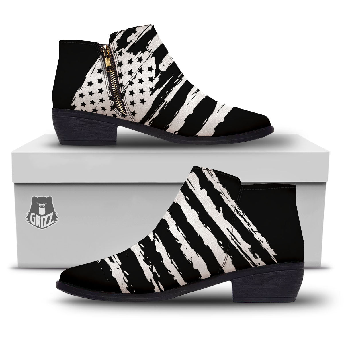 White And Black USA Flag Print Ankle Boots-grizzshop