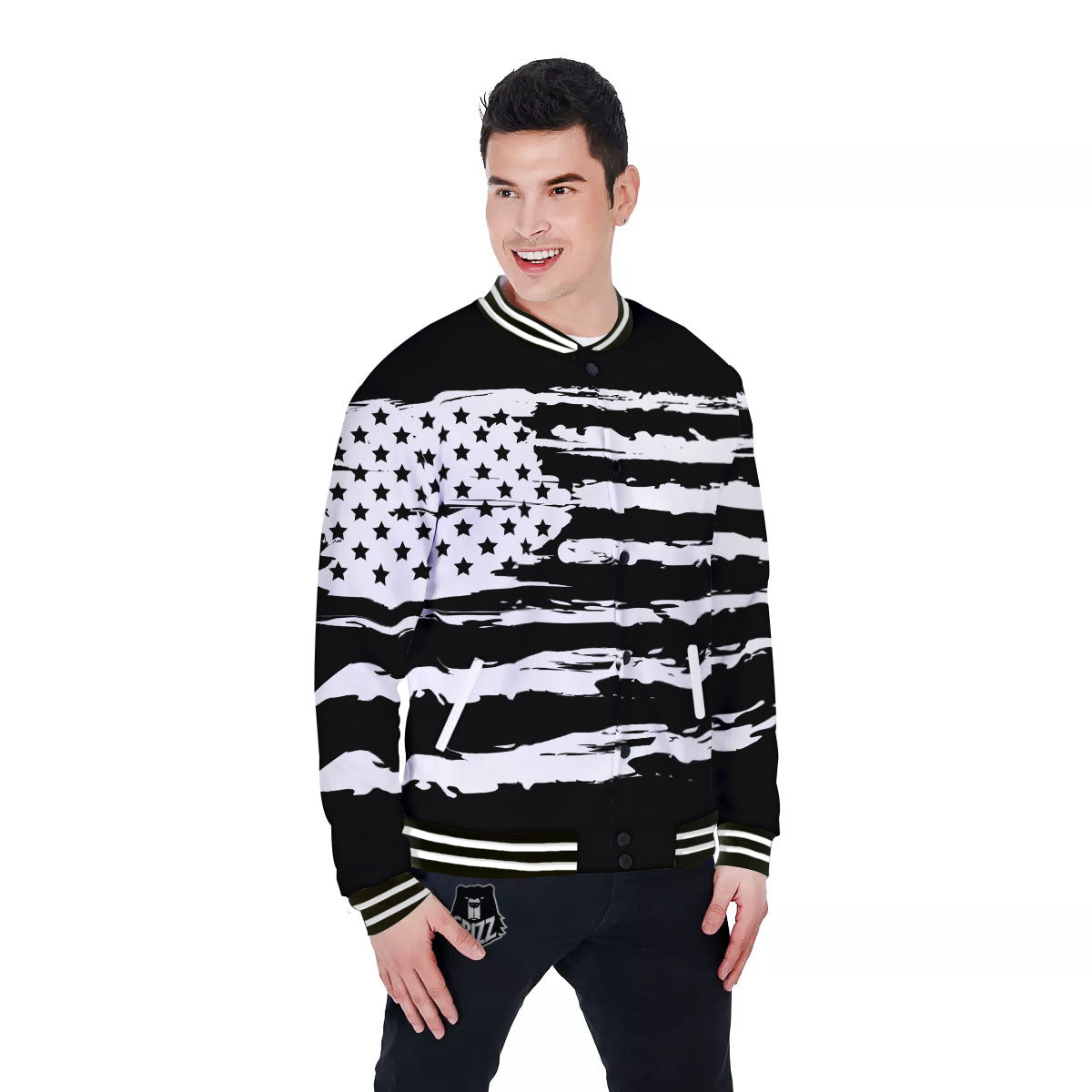 White And Black USA Flag Print Baseball Jacket-grizzshop