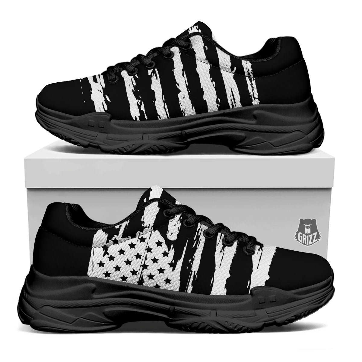 White And Black USA Flag Print Black Chunky Shoes-grizzshop