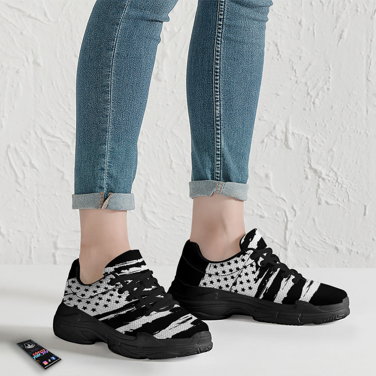 White And Black USA Flag Print Black Chunky Shoes-grizzshop