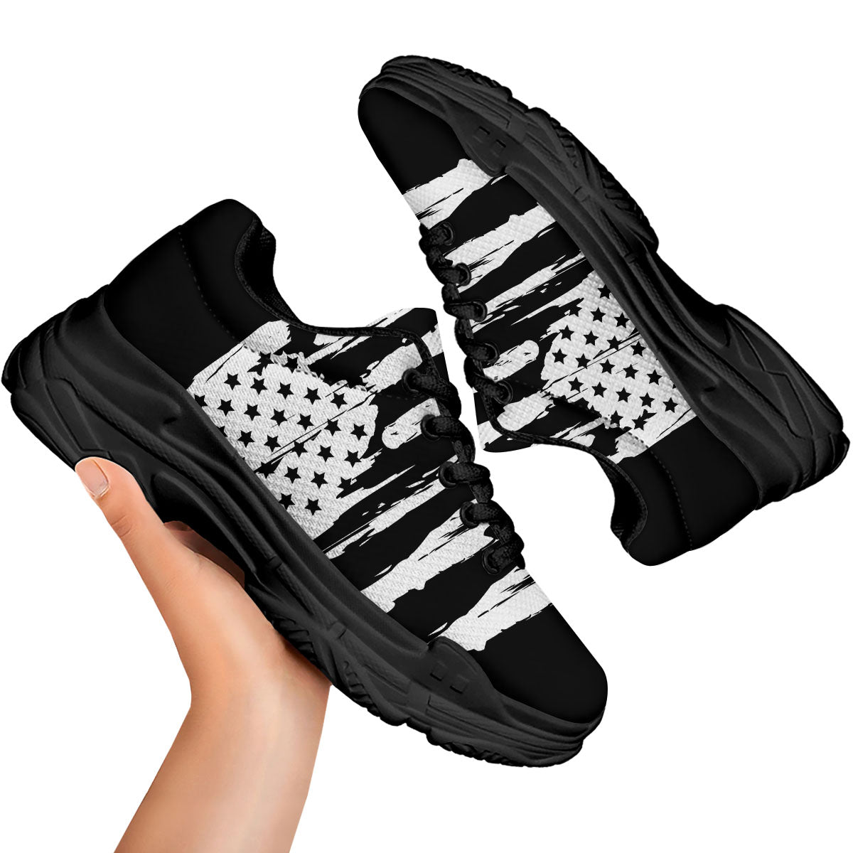 White And Black USA Flag Print Black Chunky Shoes-grizzshop