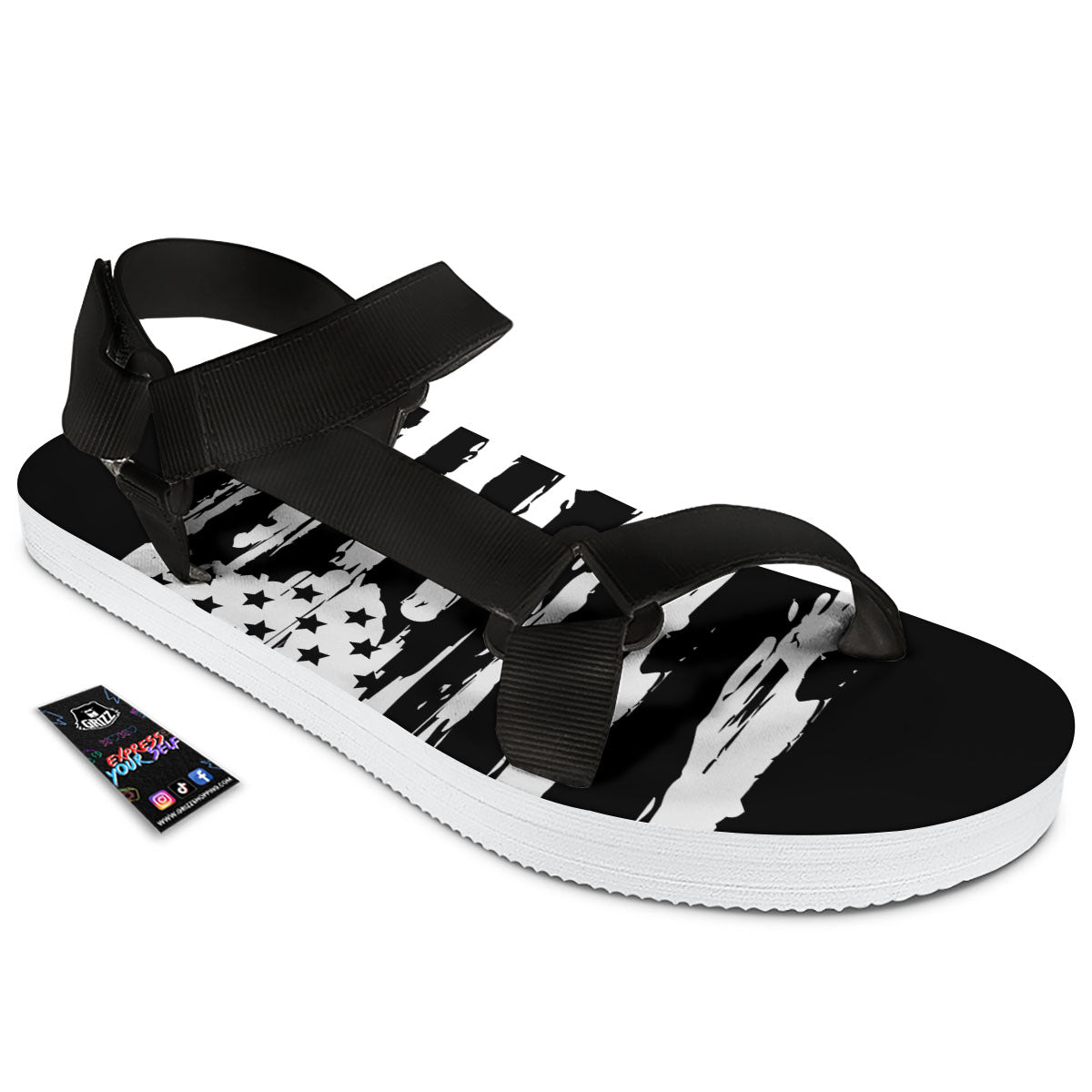 White And Black USA Flag Print Black Open Toe Sandals-grizzshop