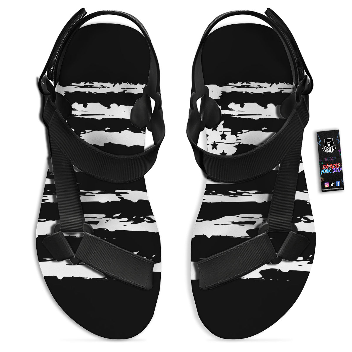 White And Black USA Flag Print Black Open Toe Sandals-grizzshop