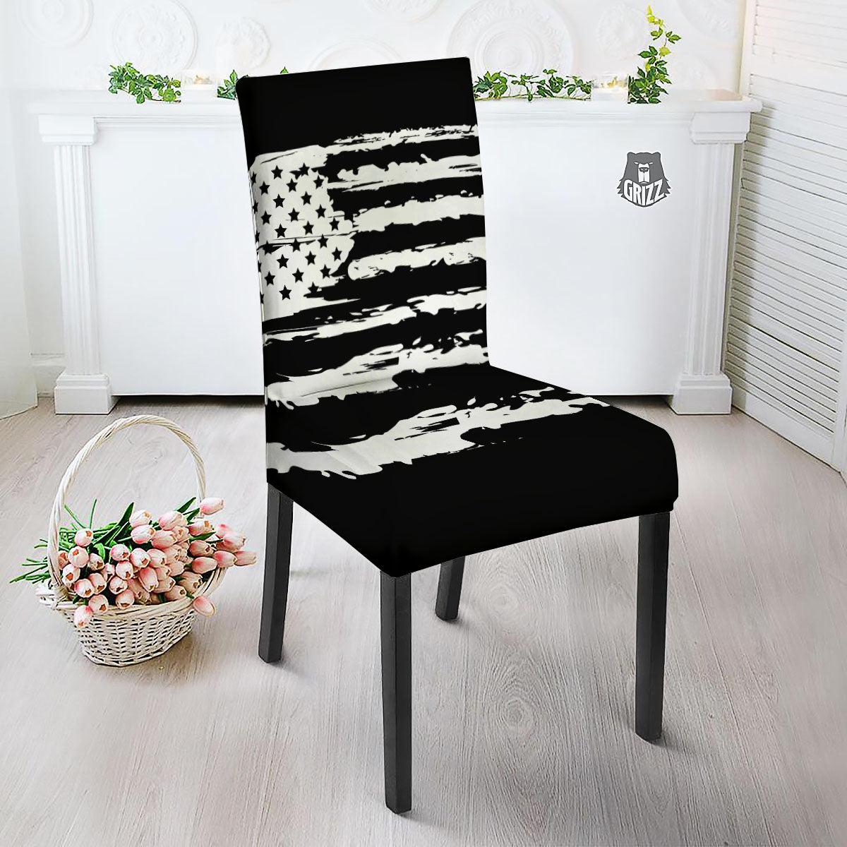 White And Black USA Flag Print Dining Chair Slipcover-grizzshop