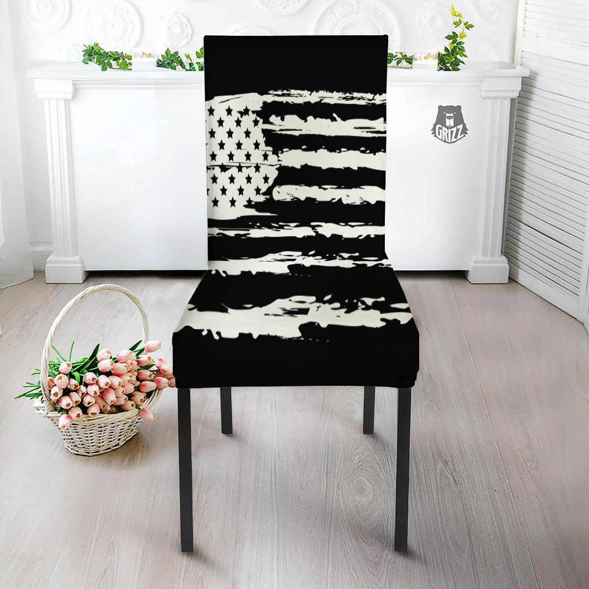 White And Black USA Flag Print Dining Chair Slipcover-grizzshop