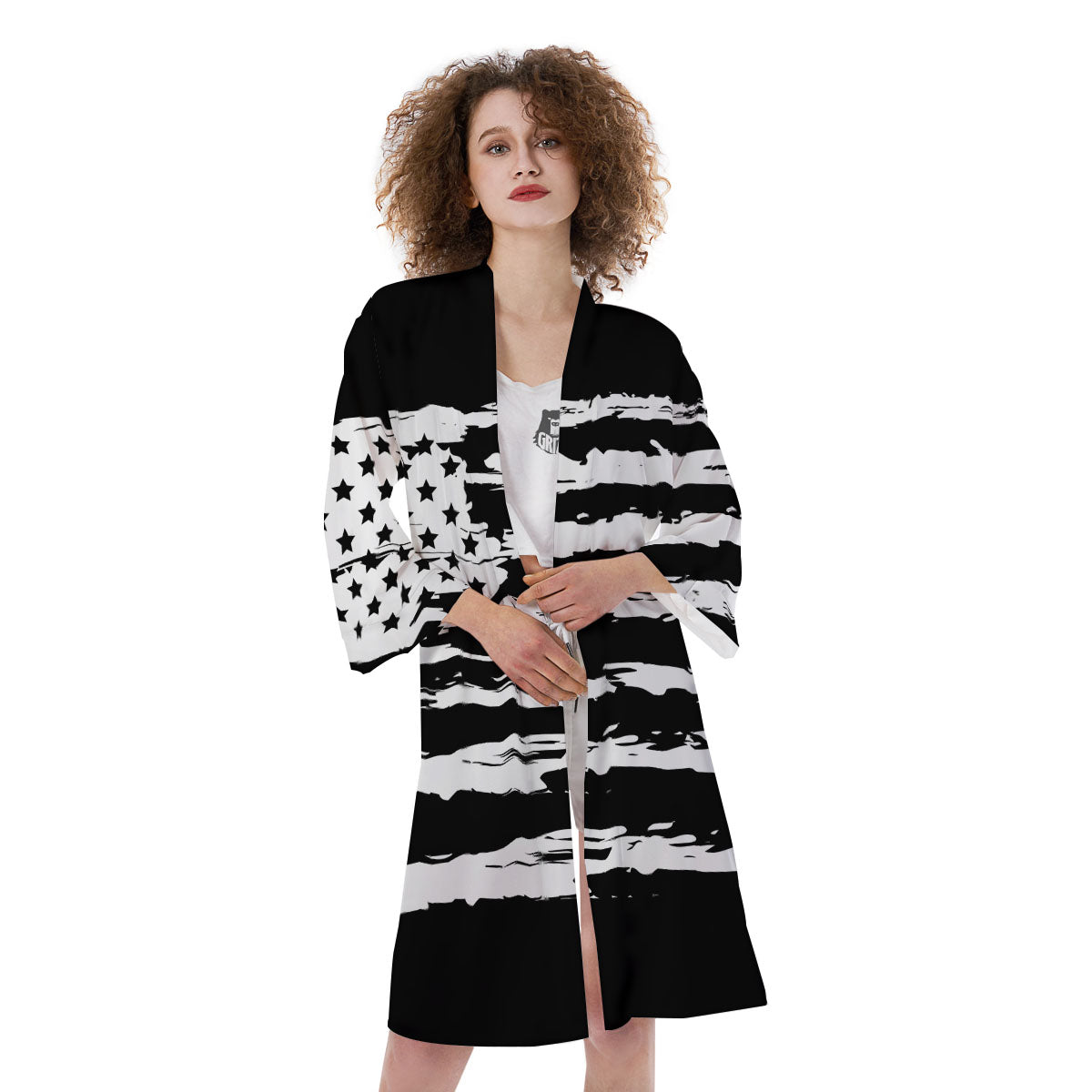 White And Black USA Flag Print Kimono-grizzshop