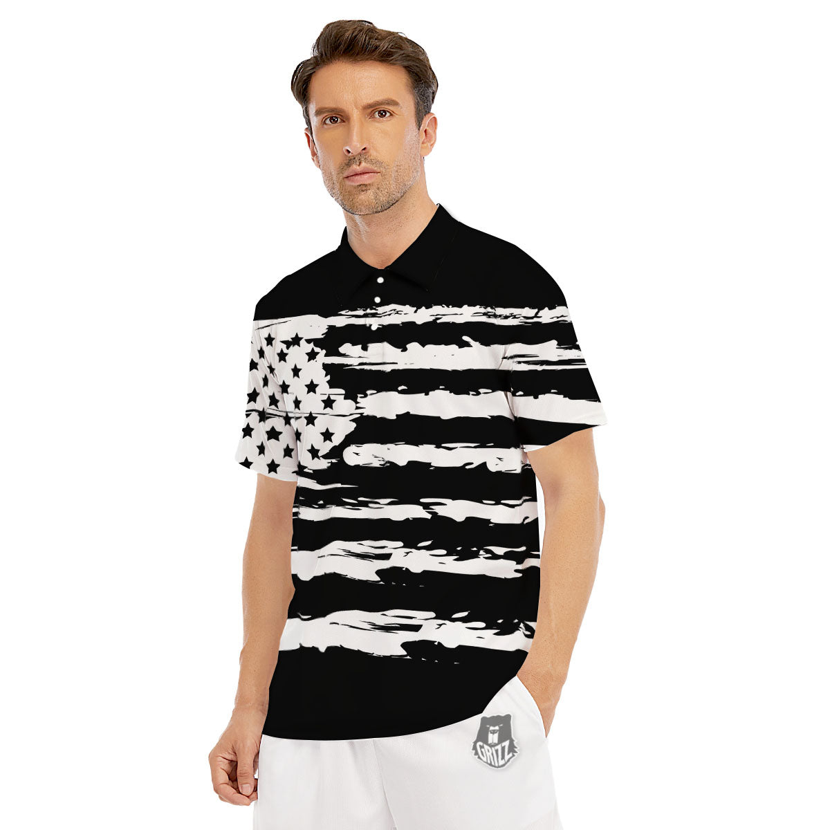 White And Black USA Flag Print Men's Golf Shirts-grizzshop