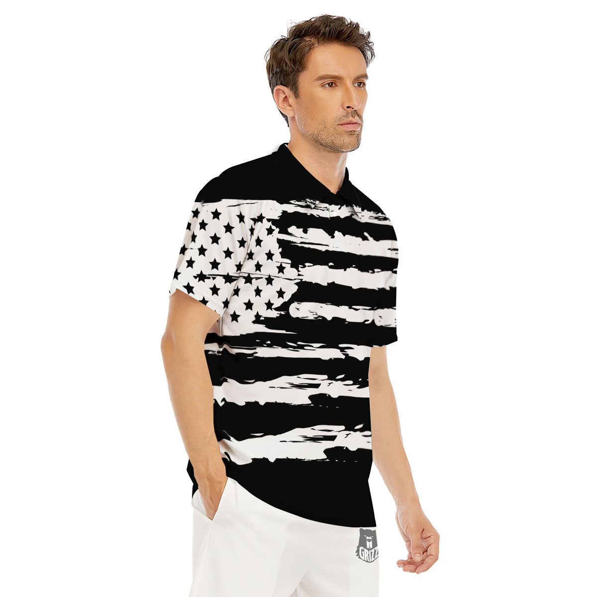 White And Black USA Flag Print Men's Golf Shirts-grizzshop