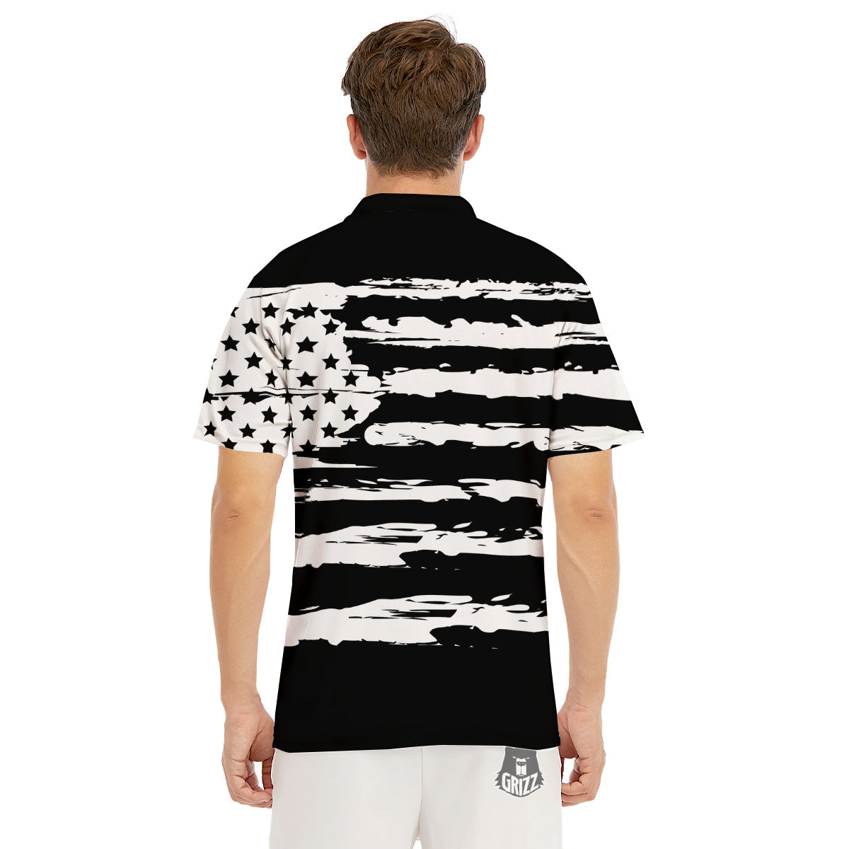 White And Black USA Flag Print Men's Golf Shirts-grizzshop