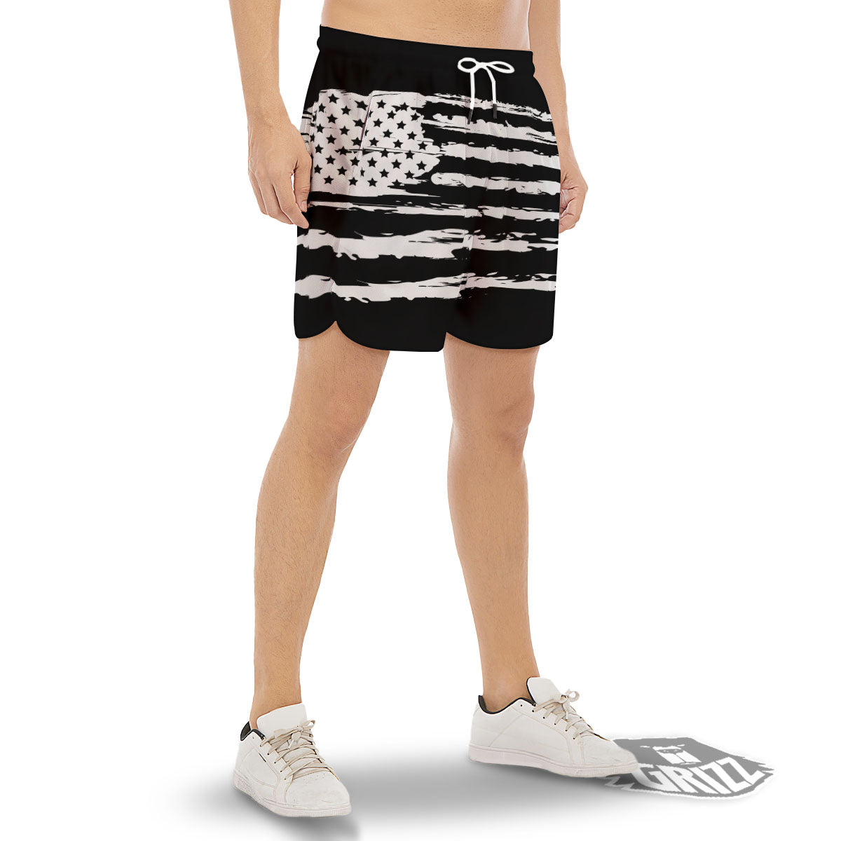 White And Black USA Flag Print Men's Gym Shorts-grizzshop