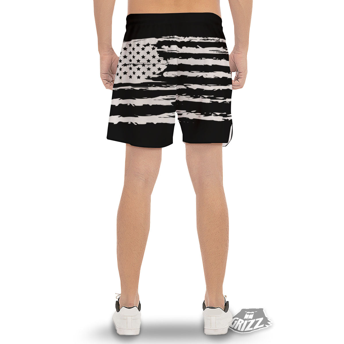 White And Black USA Flag Print Men's Gym Shorts-grizzshop