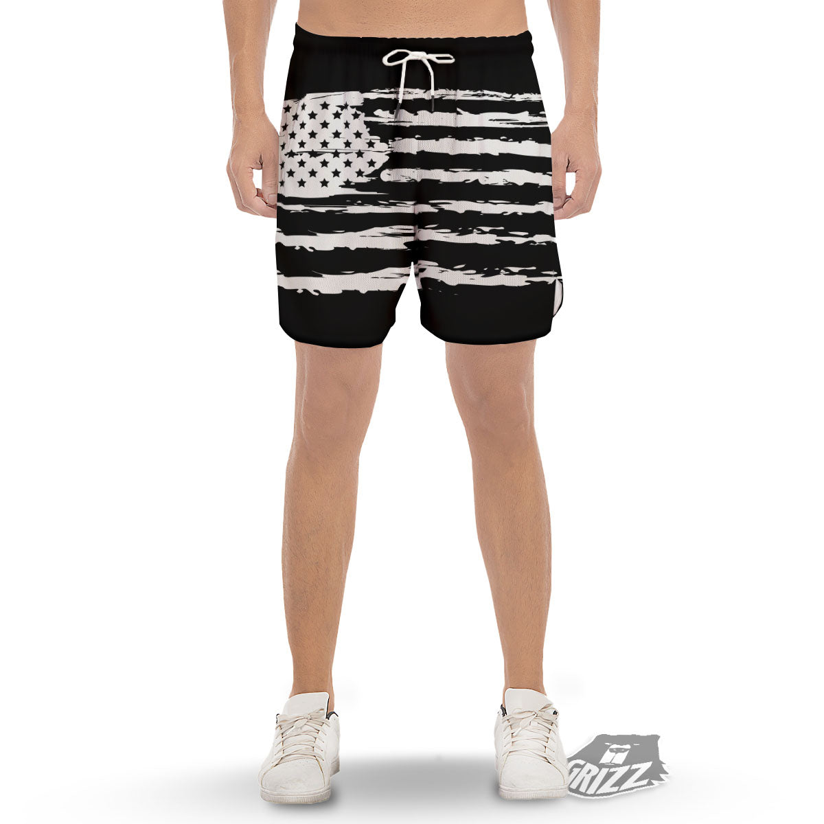 White And Black USA Flag Print Men's Gym Shorts-grizzshop