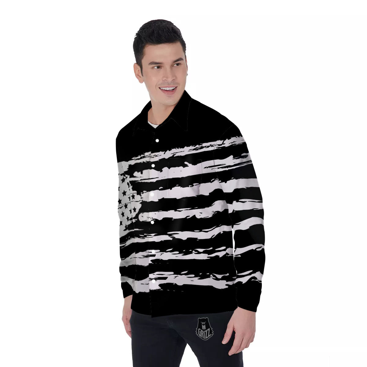 White And Black USA Flag Print Men's Long Sleeve Shirts-grizzshop