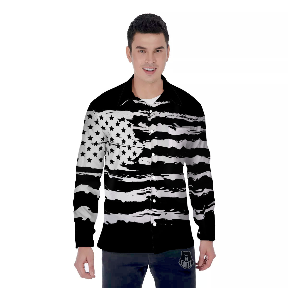 White And Black USA Flag Print Men's Long Sleeve Shirts-grizzshop