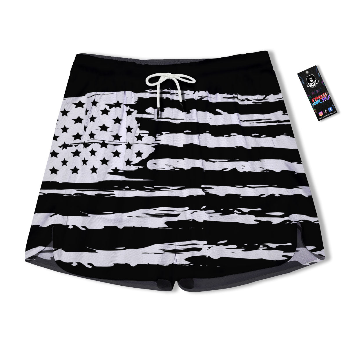 White And Black USA Flag Print Men's Running Shorts-grizzshop