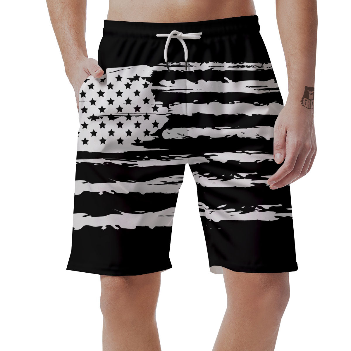 White And Black USA Flag Print Men's Shorts-grizzshop