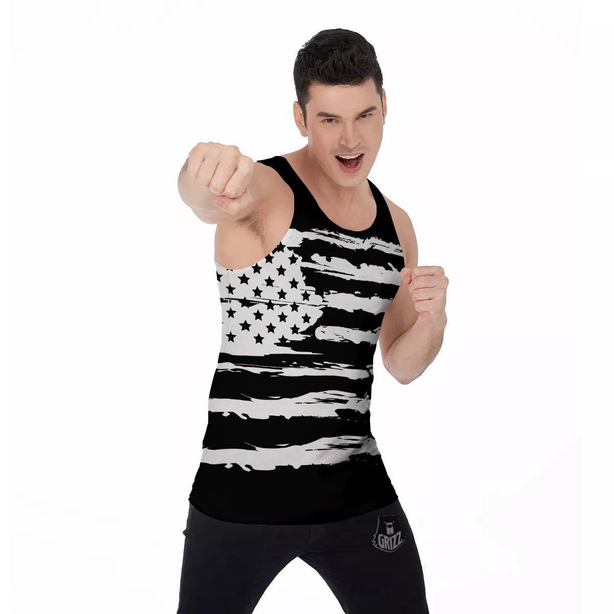 White And Black USA Flag Print Men's Tank Top-grizzshop