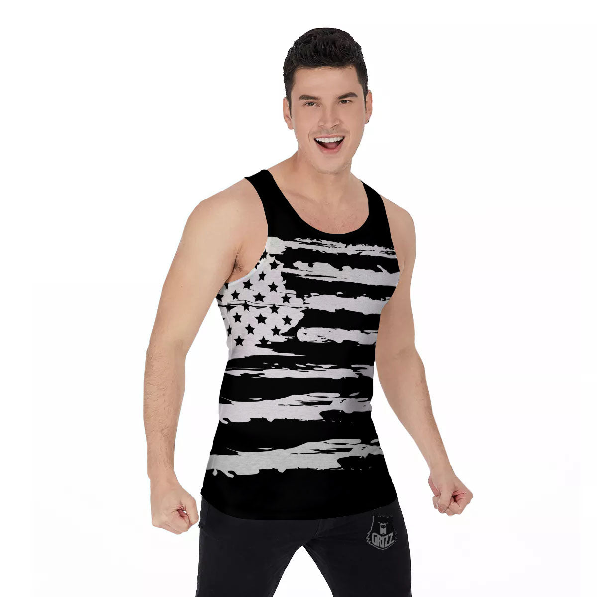 White And Black USA Flag Print Men's Tank Top-grizzshop