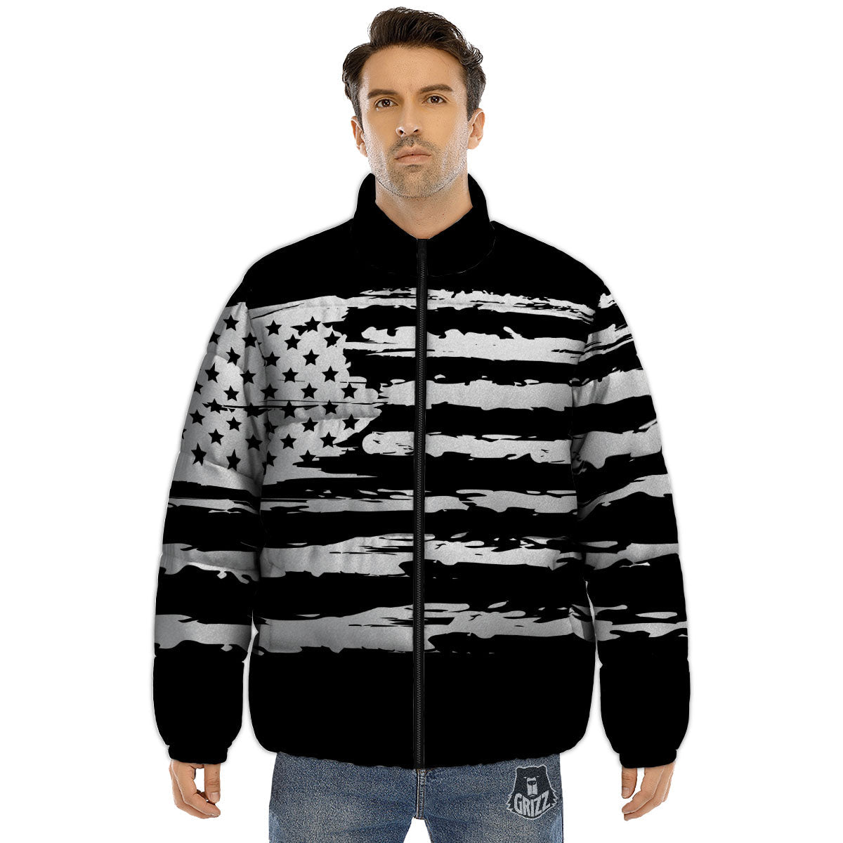 White And Black USA Flag Print Puffer Jacket-grizzshop