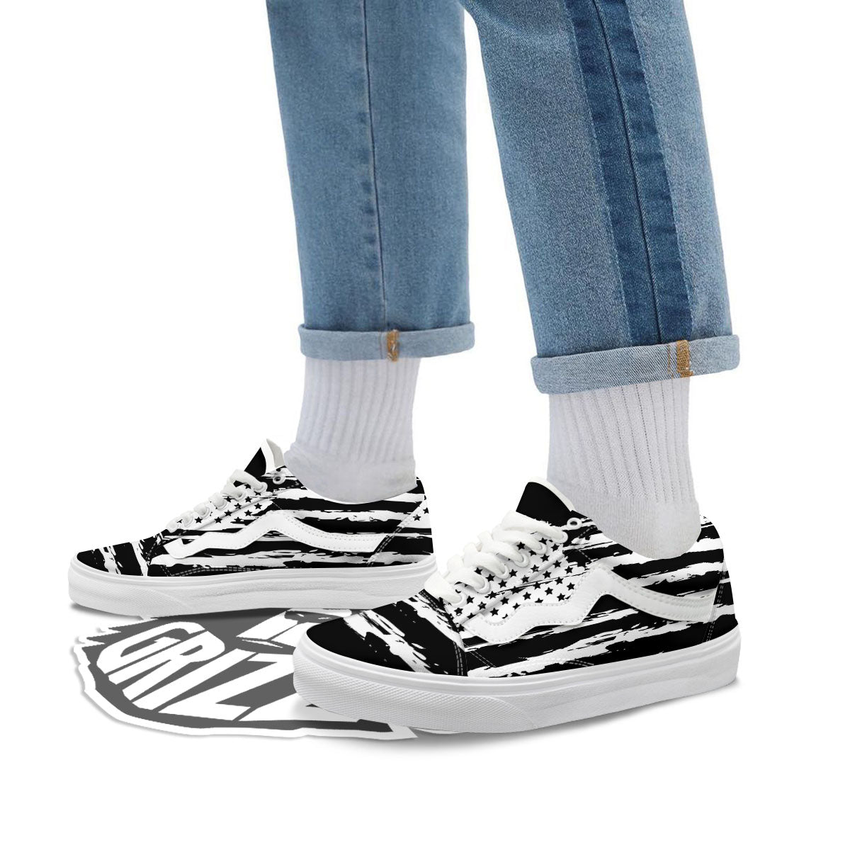 White And Black USA Flag Print Skate Shoes-grizzshop