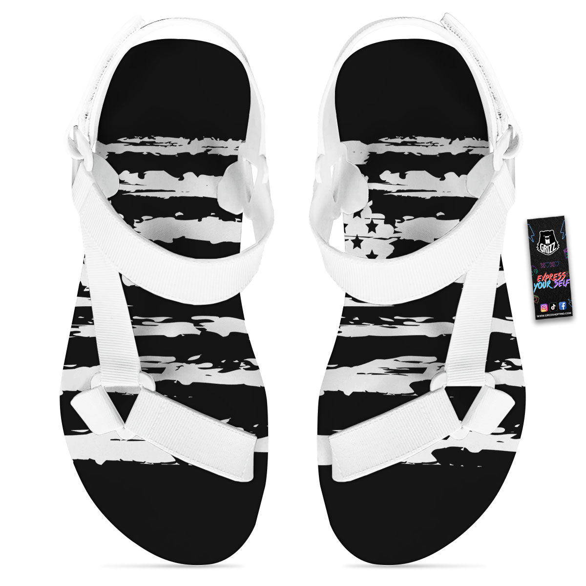 White And Black USA Flag Print White Open Toe Sandals-grizzshop