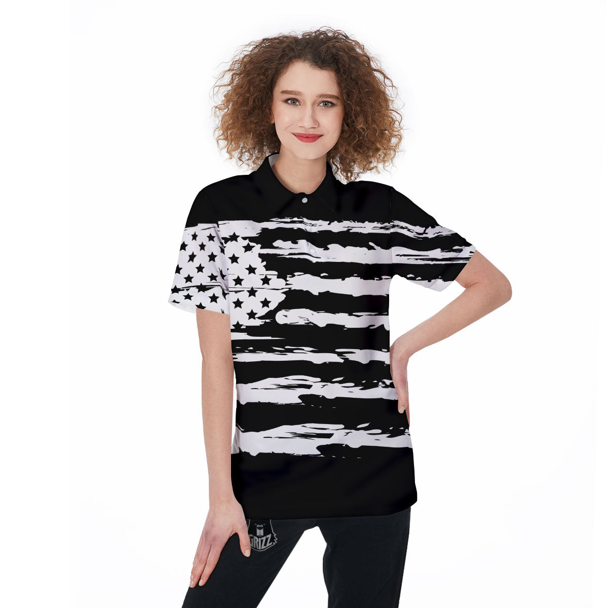 White And Black USA Flag Print Women's Golf Shirts-grizzshop