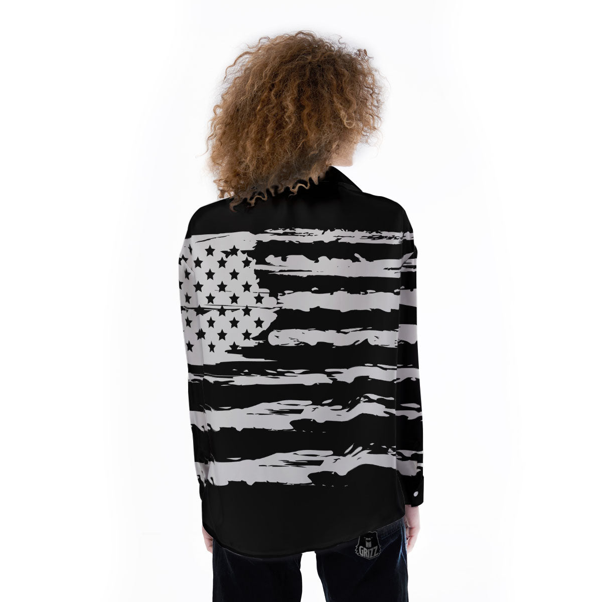 White And Black USA Flag Print Women's Long Sleeve Shirts-grizzshop