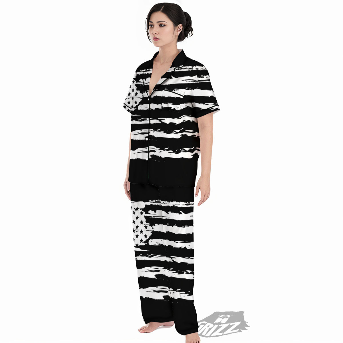 White And Black USA Flag Print Women's Pajamas Set-grizzshop