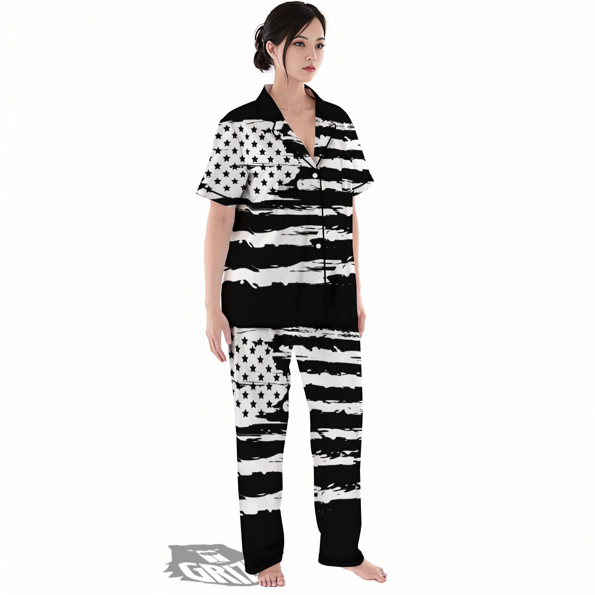 White And Black USA Flag Print Women's Pajamas Set-grizzshop