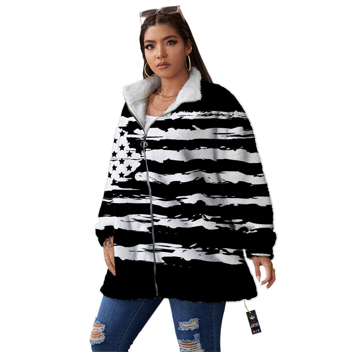 White And Black USA Flag Print Women's Sherpa Jacket-grizzshop