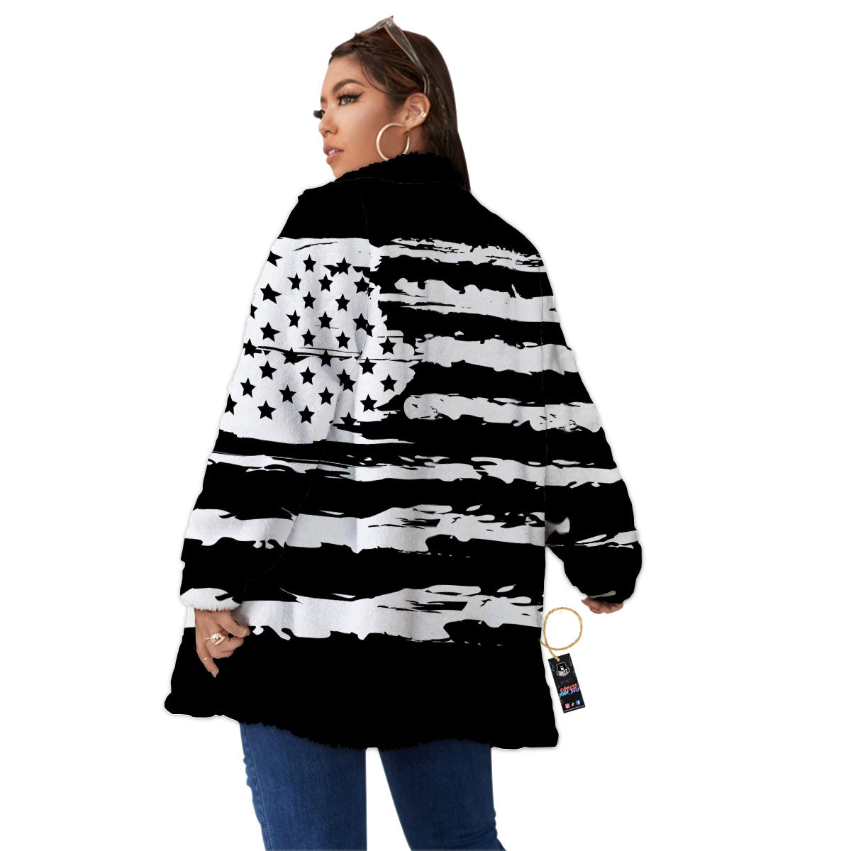 White And Black USA Flag Print Women's Sherpa Jacket-grizzshop