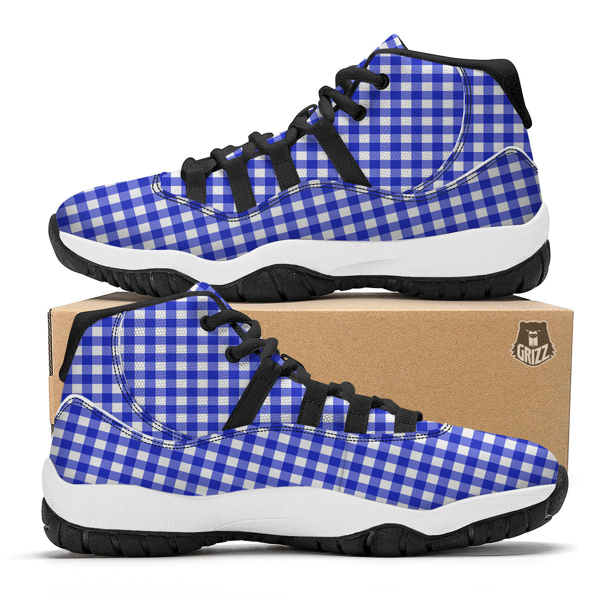 White And Blue Check Print Pattern Black Bball Shoes-grizzshop