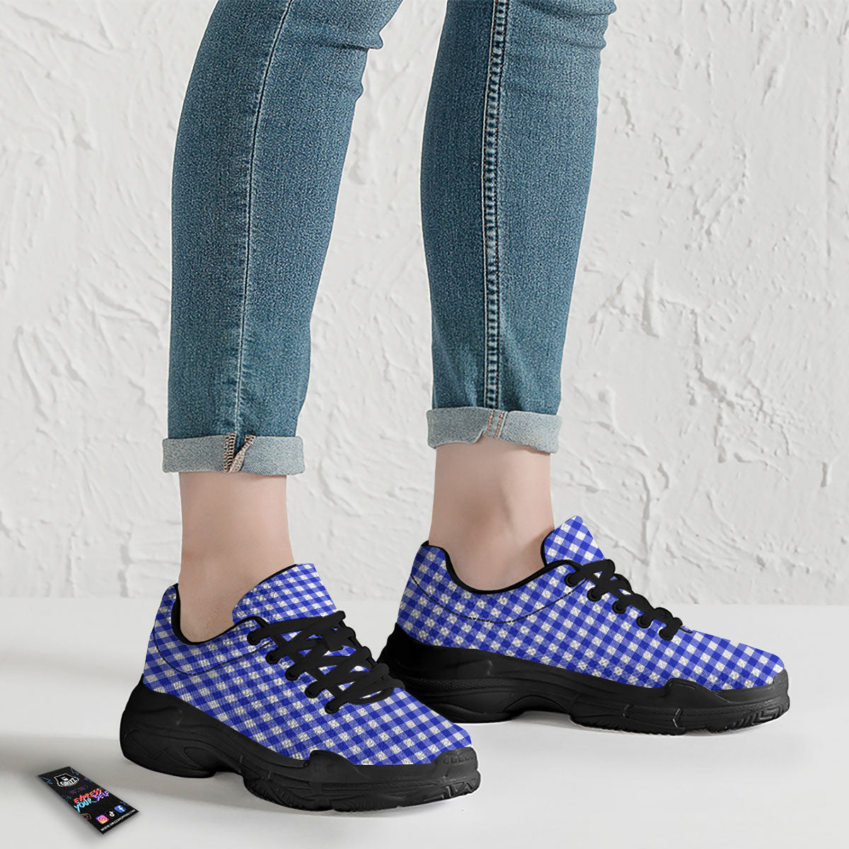 White And Blue Check Print Pattern Black Chunky Shoes-grizzshop