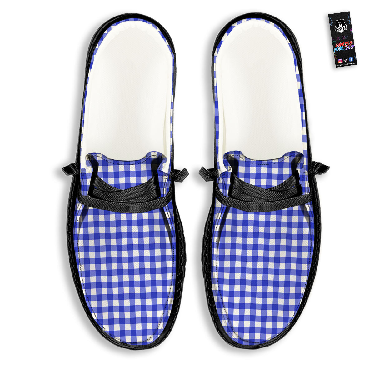 White And Blue Check Print Pattern Black Loafers-grizzshop