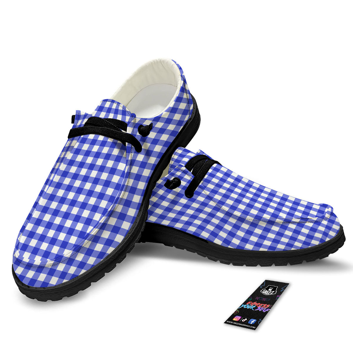White And Blue Check Print Pattern Black Loafers-grizzshop