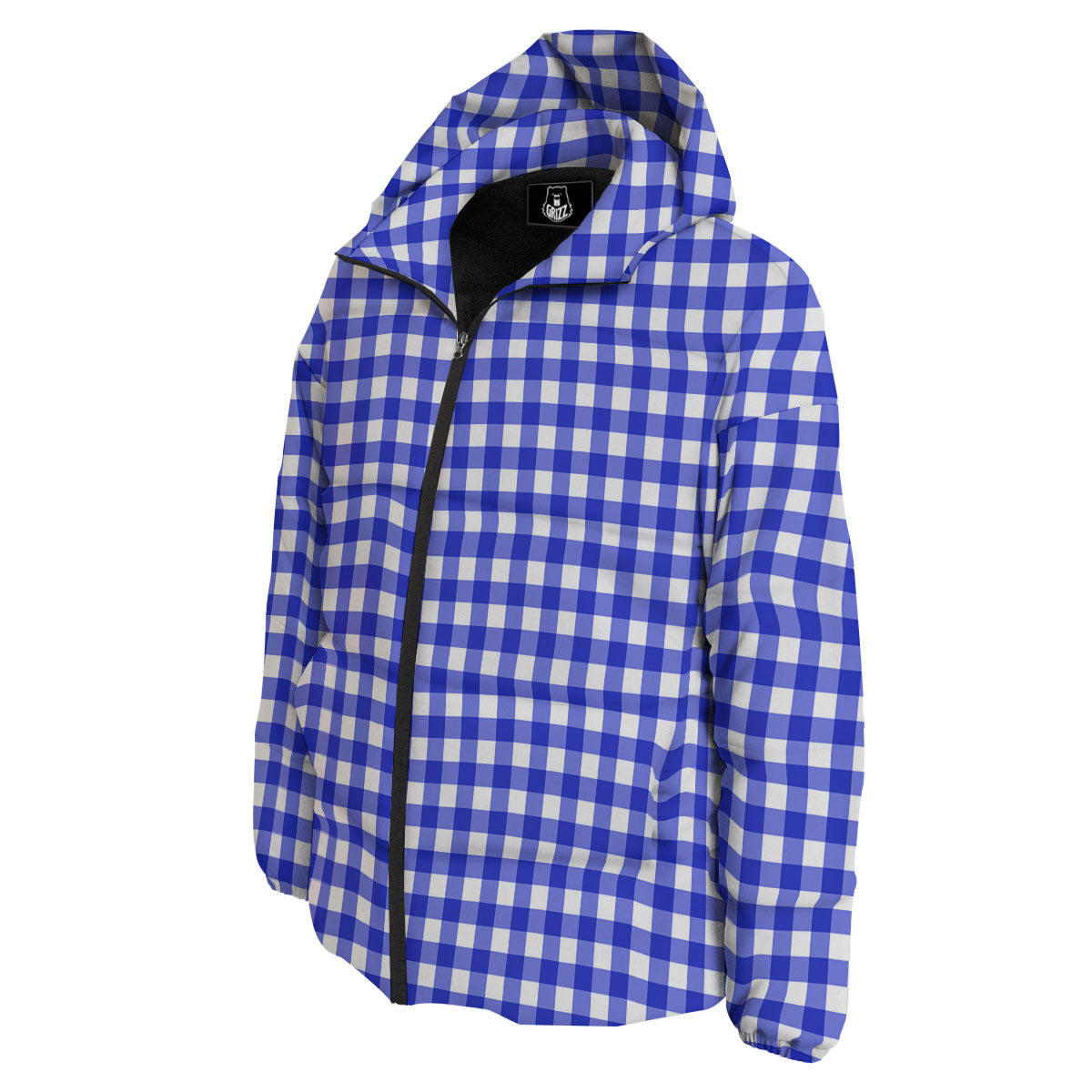 White And Blue Check Print Pattern Down Jacket-grizzshop