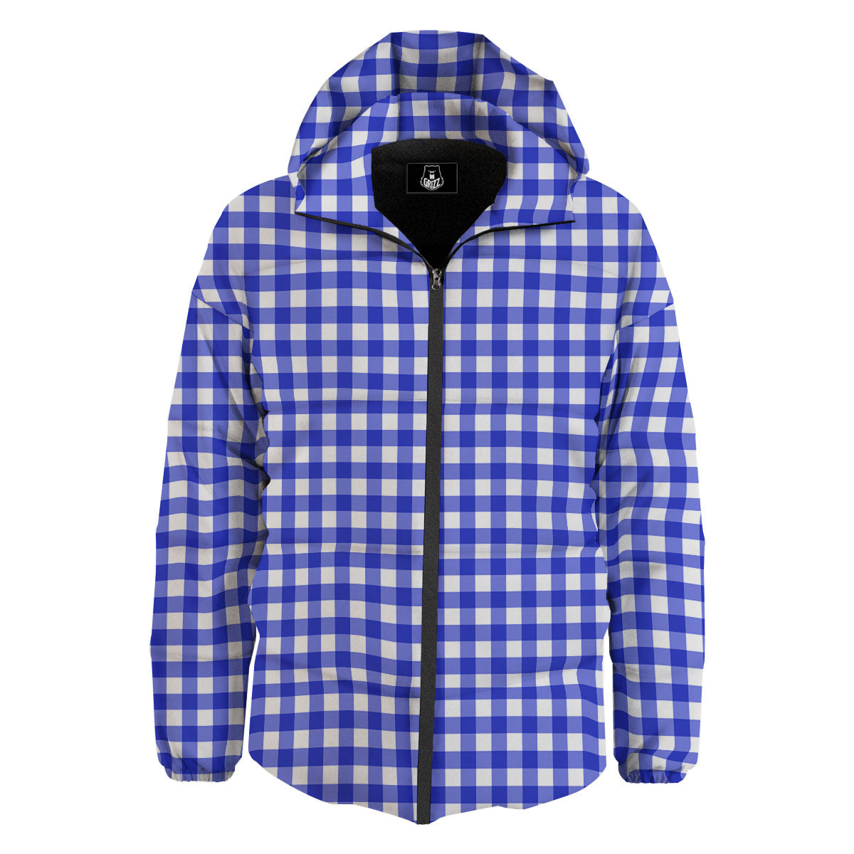 White And Blue Check Print Pattern Down Jacket-grizzshop